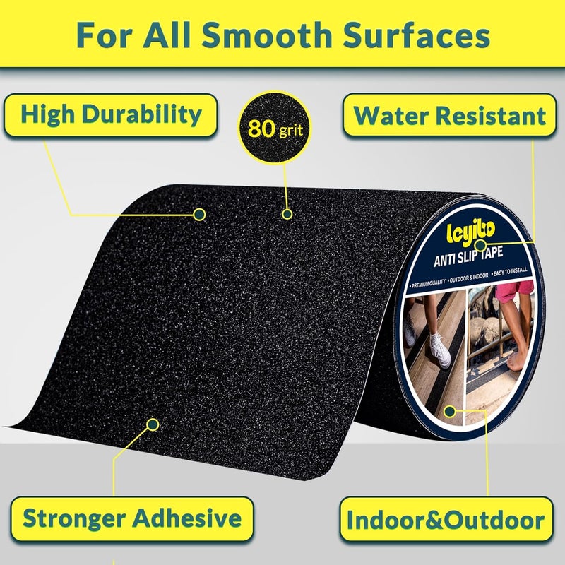 Leyibo Anti Slip Tape, 8 Inch x 16 Ft Grip Tape for Stairs Outdoor/Indoor, Waterproof Non Skid Roll for Stair Treads Non Slip, High Traction Friction Abrasive Adhesive Stair Steps - Black - Image 2
